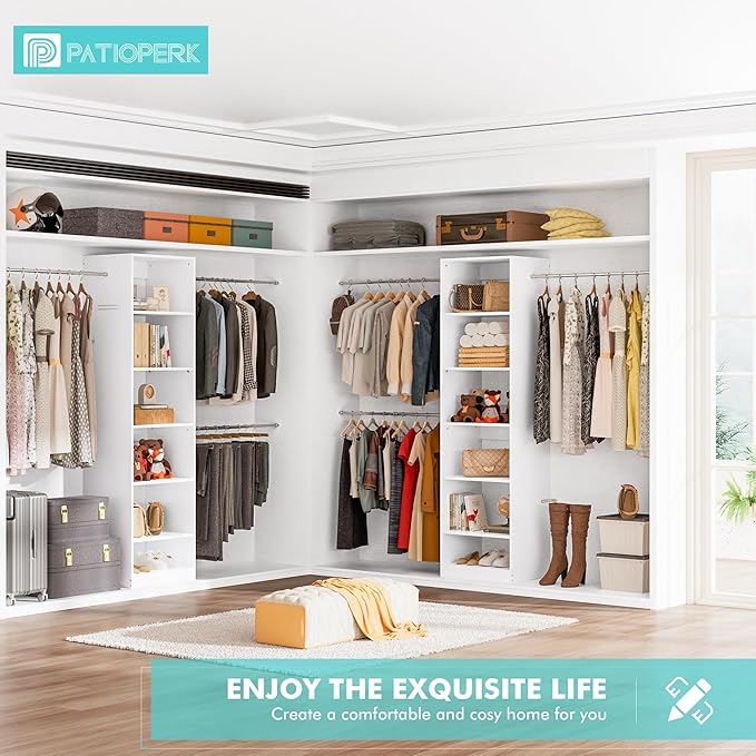 Walk in Closet Organizer System - Built-in Garment Rack with 6 Shelves and 3 Extendable Hanging Rods, Wall Mounted Clothes Organizers Storage Systems for Bedroom