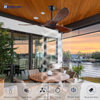 52" Walnut Wood Ceiling Fans,Outdoor Ceiling Fan without Light for Patios,3 Blade Small Propeller Fan Ceiling Mount for Outside Pergola,6 Speed Reversible Quiet DC Motor Fan for Bedroom