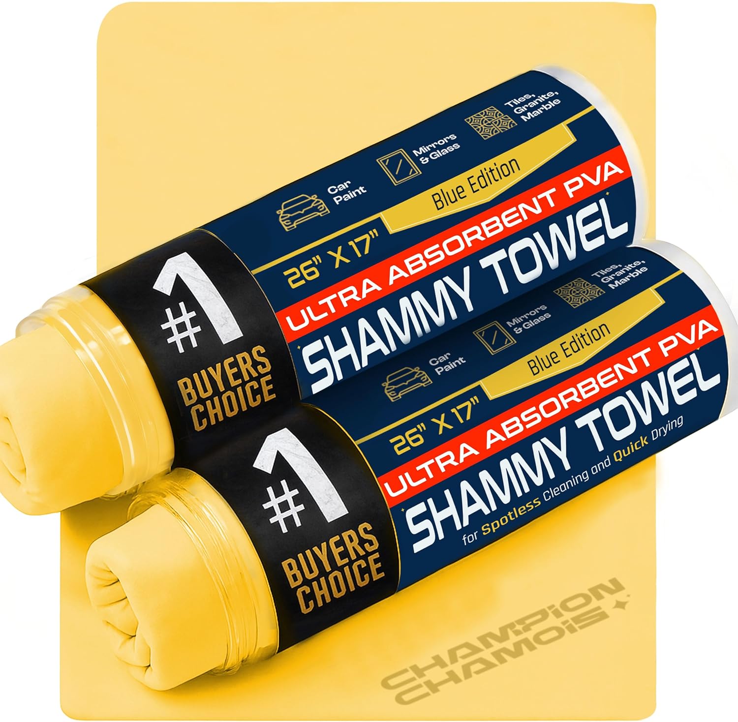 Premium Large Shammy Towel for Car - 2pk Pack (26"x17") - Super Absorbent, Soft, Streak-Free, Scratch-Free Cloth for Cars, Boats, Home - Long Lasting Chamois Towel + Hanging Storage Tubes (Original)