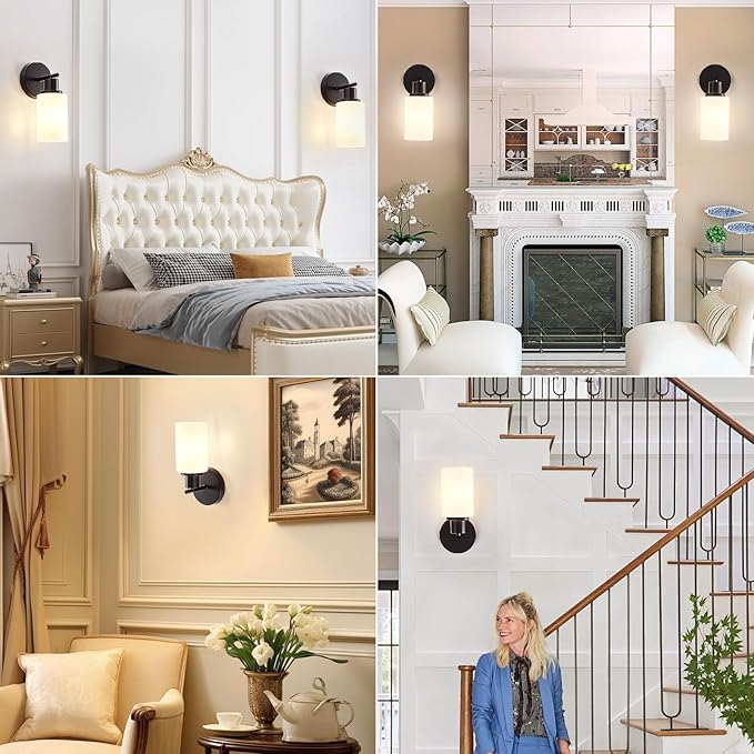 DLLT Wall Sconces Set of Two: Modern Bathroom Vanity Light Fixtures - Matte Black Vanity Lights with Milky White Glass Shade - Farmhouse Wall Lamp for Bedroom Living Room Mirror Hallway Kitchen