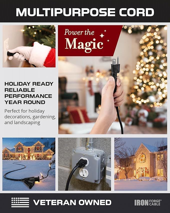 Iron Forge Cable 3 Outlet Outdoor Extension Cord 10 ft, 16/3 SJTW Black Extension Cord with Multiple Outlets 3 Prong, Weatherproof 13 Amp Exterior Power Cable for Outdoor Lights, Lawn & Landscaping