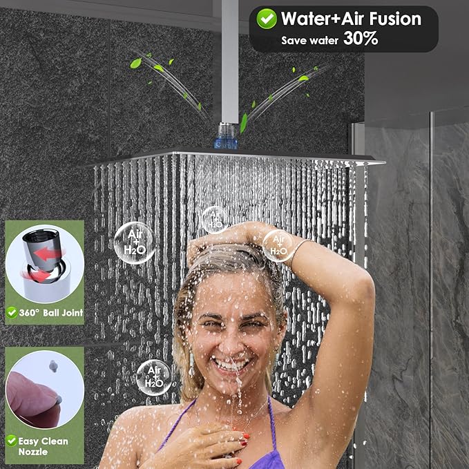 Enga Shower Body Jet System 12 Inch Ceiling Mounted Rainfall Shower Head with 6 Body Sprays and Handshower, Brass Shower Faucet Rough-in Mixer Valve, Chrome