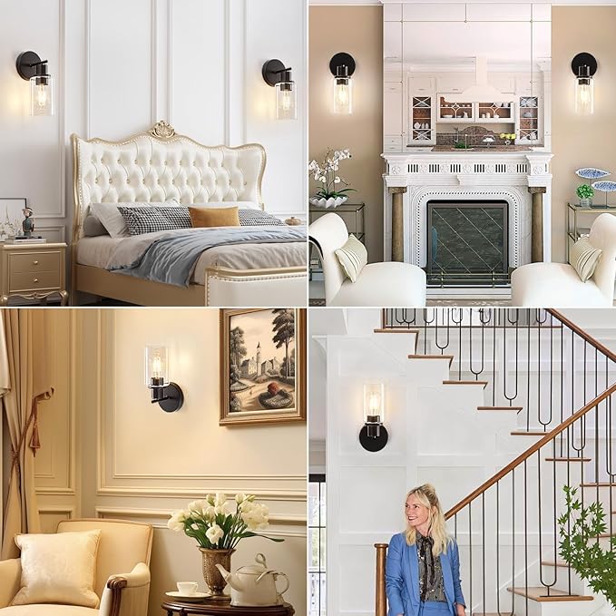 DLLT Wall Sconces Set of Two: Modern Bathroom Vanity Light Fixtures - Matte Black Vanity Lights with Clear Glass Shade - Farmhouse Wall Lamp for Bedroom Living Room Mirror Hallway Kitchen