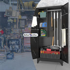 Metal Storage Cabinet with Lock Door, 75" Tall Garage Storage Cabinet with Hanging Rod, Broom Closet Bathroom Storage Cabinet, Cleaning Tool Cabinet