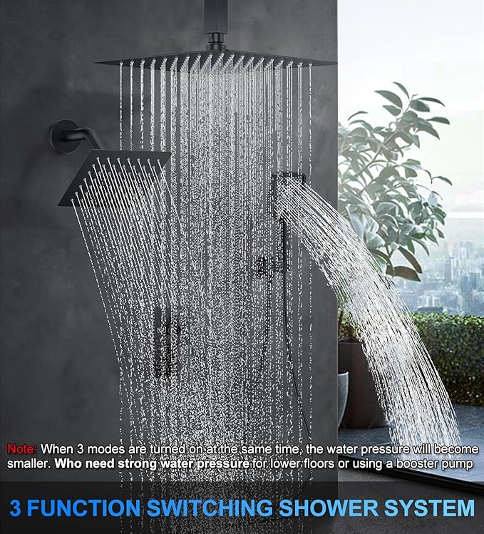 Shower Faucet Set, 12" Ceiling Mount Rainfall Shower System with 2 Rain Shower Head and Multi-function Handheld Head Push Button Diverter Shower Faucet Trim Kit (12", Matte Black)