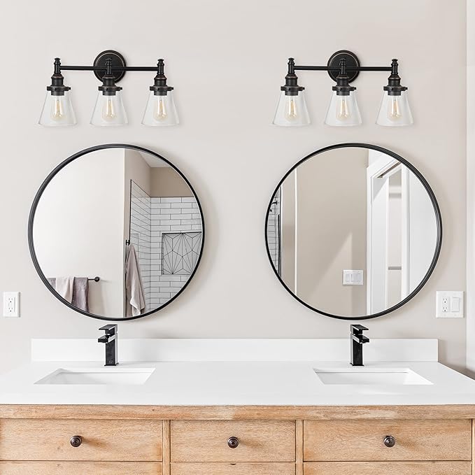 DEWENWILS Bathroom Light Fixtures, 5-Piece All-in-One Bathroom Vanity Lights Over Mirror, 3-Light Bath Wall Mount Sconce with Clear Glass Shade, Towel Bar, Ring, Robe Hook, Toilet Paper Holder