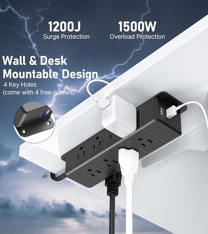 30W USB C Power Strip Surge Protector,4 Side 12 Outlets Desk Power Strip with Ultra Thin Flat Plug,PD Fast Charing,2 USB-C,2 USB-A(4 USB Total 40W),10ft Flat Extension Cord with Multiple Outlets,1200J