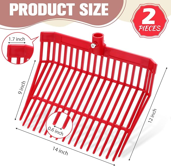 Lasnten Manure Fork Replacement Head, 18 Tines Pitchfork Head with Screws and Nuts, Horse Manure Rake for Picking up Grass and Hay(Red,2 Pcs)
