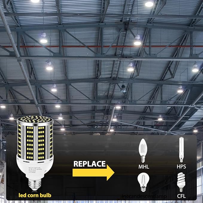65W LED Corn Light Bulb 2 pack(650W Equivalent ) ,E26/E39 Commercial Grade 7800LM Medium Daylight 5000K Mogul Base LED Lamp,Large Area Lights For Outdoor Indoor Garage Warehouse Factory Bay Light