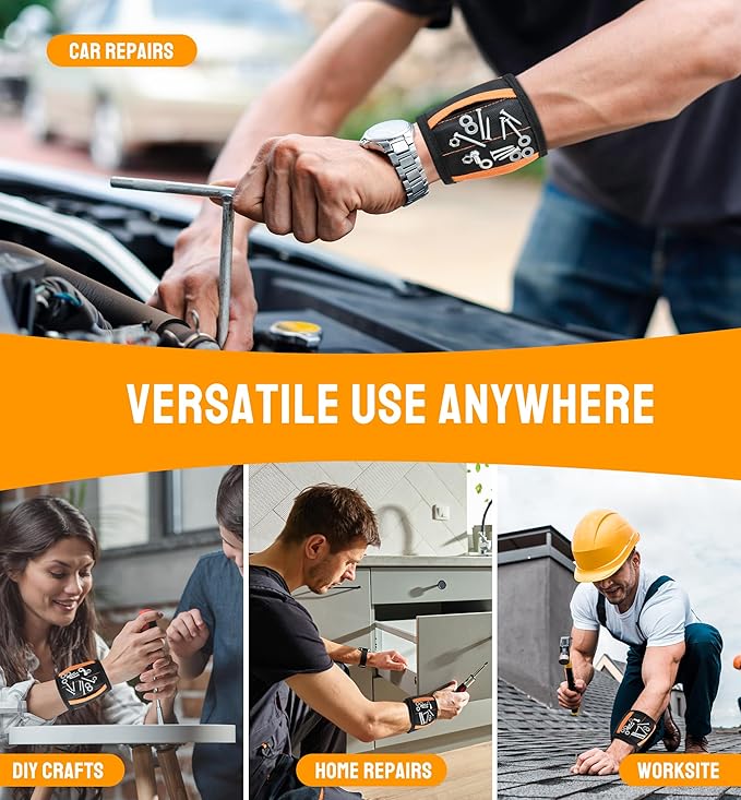 HiRui Magnetic Wristband for Tools – Ultra-Strong 15 Neodymium Magnets Hold Screws, Nails & Bits, Dual Pockets – Hands‑Free for DIY, Home Repairs, Auto – Gift‑Ready for Dad, Husband, Grandpa (Black)