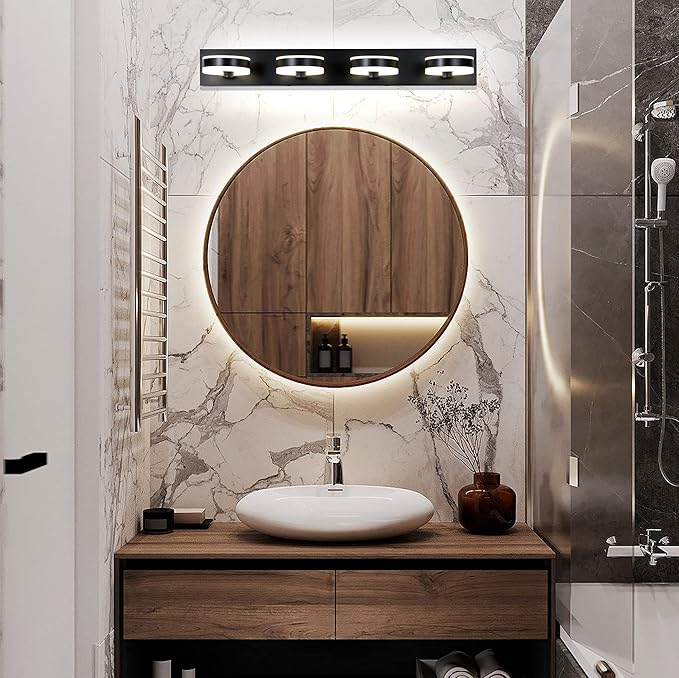 LED Bathroom Light Fixtures, 33inch Black Vanity Lights, Modern 4 Light Acrylic Wall Sconces, 350° Rotatable Wall Lighting Fixture Over Mirror