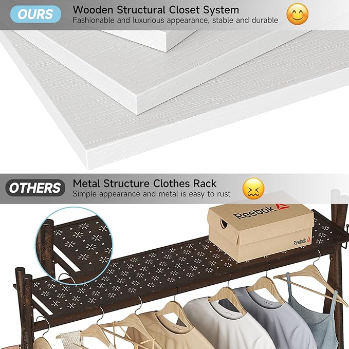 8FT Closet System, 96'' Closet Organizer System with 3 Hanging Rods, Wall Mount Bedroom Wardrobe with 3 Drawers Walk-in Closet, Adjustable Cloth Garment Rack from 5 to 8FT (Cut to Fit), White