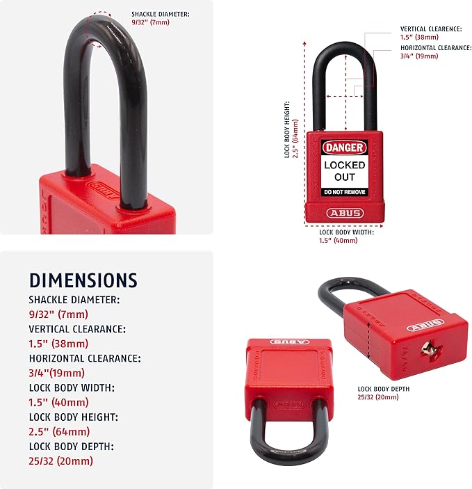 ABUS Red Pack of 10 Lockout Tagout Premium Solid Body Safety Padlock Set - OSHA Compliant Loto Locks Insulated Against Electric Shock, Keyed Different, 1 Key Per Lock