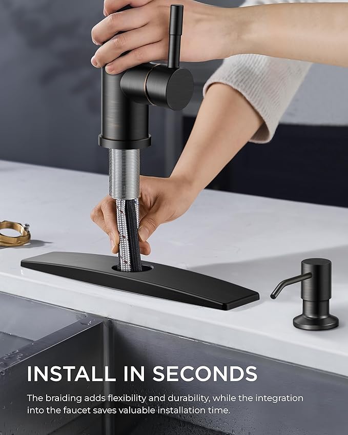 FORIOUS Kitchen Faucet with Soap Dispenser, Single Handle Stainless Steel Transitional Sink Faucet with Pull Down Sprayer 1 or 3 Hole, Suitable for Farmhouse Laundry Camper RV Bar, Oil Rubber Brown