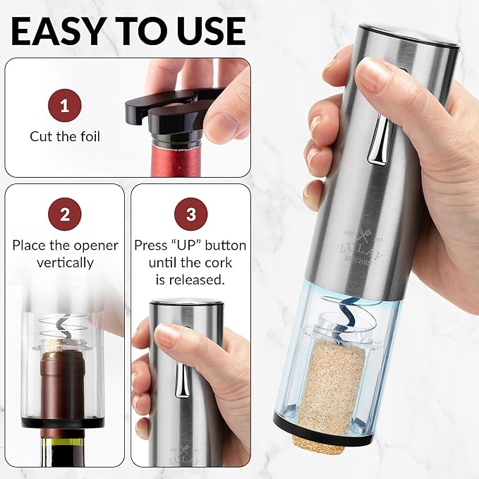 Zulay Kitchen Electric Wine Opener 5-Piece Gift Set with Charging Base - Foil Cutter, Aerator & Pourer, Vacuum Stoppers - Automatic Wine Bottle Corkscrew Opener For Smooth & Fast Uncorking