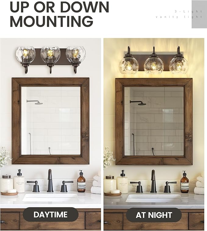 zeyu Bathroom Light Fixtures, 3-Light Bathroom Vanity Light, 20 Inch Modern Wall Sconces with Water Ripple Globe Shade, Oil Rubbed Bronze Finish, ZSL72BG-3W ORB-WG