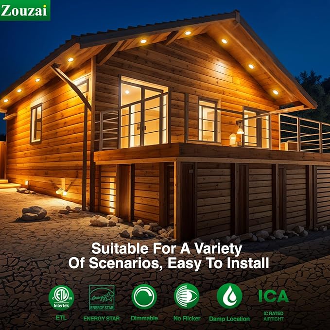 zouzai 1 Pack 4 Inch 5CCT Ultra-Thin LED Recessed Ceiling Light with Junction Box, 2700K/3000K/3500K/4000K/5000K Selectable, 9W Eqv 80W, Dimmable, led can Lights - ETL and Energy Star Certified