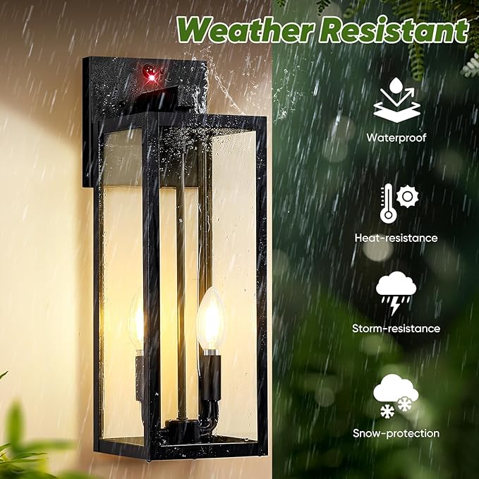 BesLowe Upgraded Motion Sensor Outdoor Wall Light, 18" Large Dusk to Dawn Porch Sconce Lantern, 3 Lighting Modes Exterior Fixture Wall Mount, Black Outside Light for House Garage