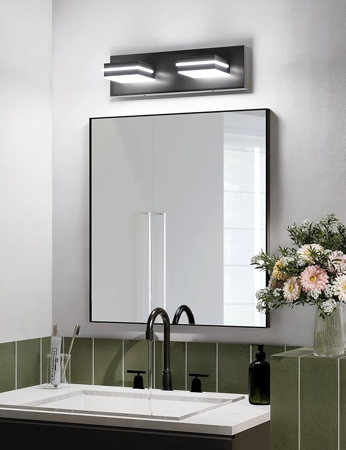 VOLISUN Modern Bathroom Vanity Light Fixtures (2-Light, 15.5-Inch), Matte Black LED Bathroom Lighting Fixtures Over Mirror, 360°Rotatable Head, LED Vanity Lights for Bathrooms (Cool White 6000K)