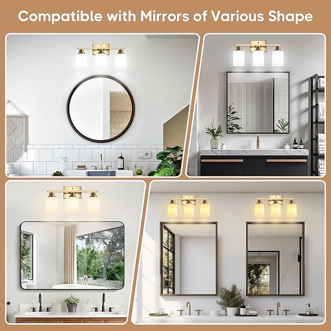 Ascher Bathroom Light Fixtures, 3-Light Vanity Light Over Mirror, Gold Wall Sconces with Milky White Frosted Glass Shades, Wall Lamp for Living Room Bedroom, E26 Base(Bulbs Not Included)