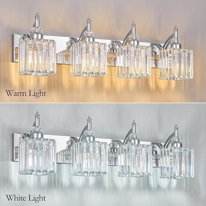 Crystal Vanity Lights Chrome 4 Light Bathroom Light Fixtures Over Mirror Modern Vanity Light for Bathroom