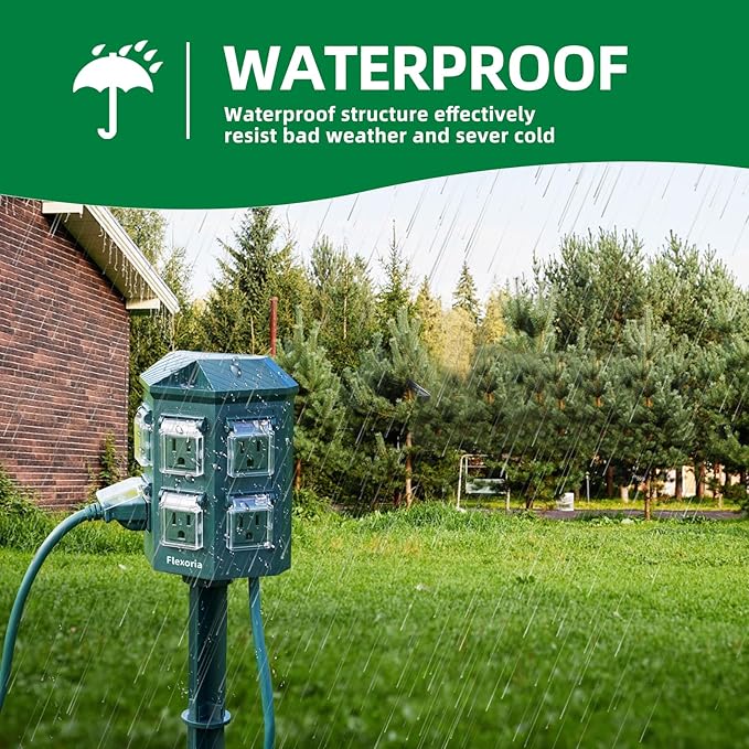Flexora Outdoor Power Strip with 24-Hour Mechanical Timer, 100 FT Extension Cord Waterproof, 6 Grounded Outlets for Outdoor Christmas Decorations, ETL Listed