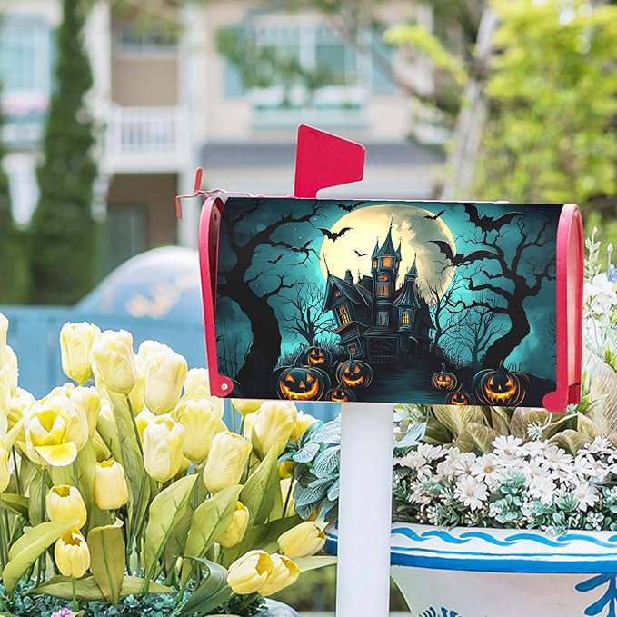 Kawani Halloween Mailbox Covers Magnetic Spooky Pumpkin Castle Bat Scary Night Happy Halloween Seasonal Holiday Post Letter Box Cover Standard Size 21x18 Inch for Garden Yard Decor