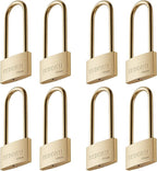 Weather Proof Lock, Keyed Alike Solid Brass Padlocks with Long Brass Shackle, Light Duty, 1-1/2" Wide Body, Marine Padlock, Anti Rust Lock, 8 Pack