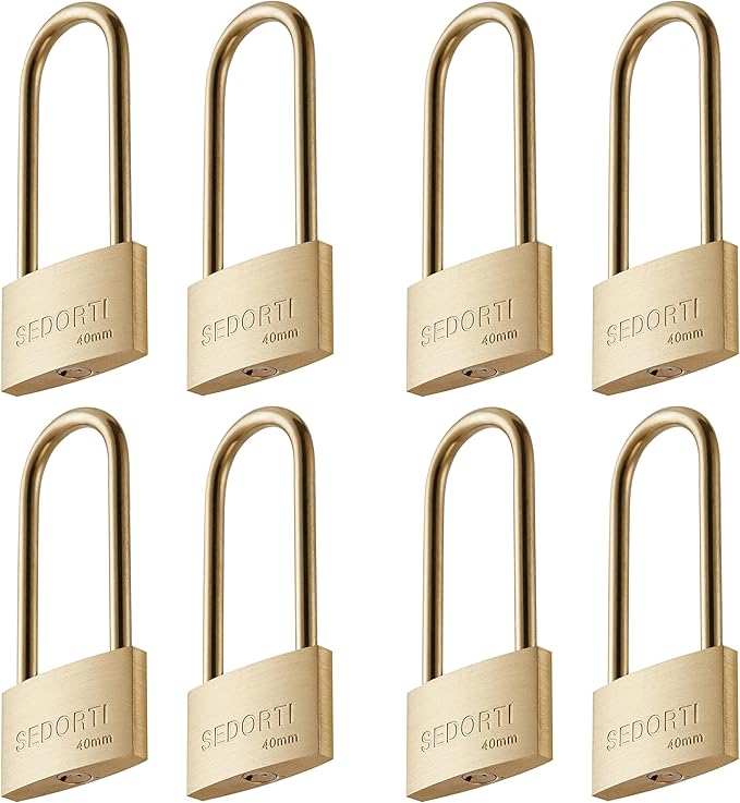 Weather Proof Lock, Keyed Alike Solid Brass Padlocks with Long Brass Shackle, Light Duty, 1-1/2" Wide Body, Marine Padlock, Anti Rust Lock, 8 Pack
