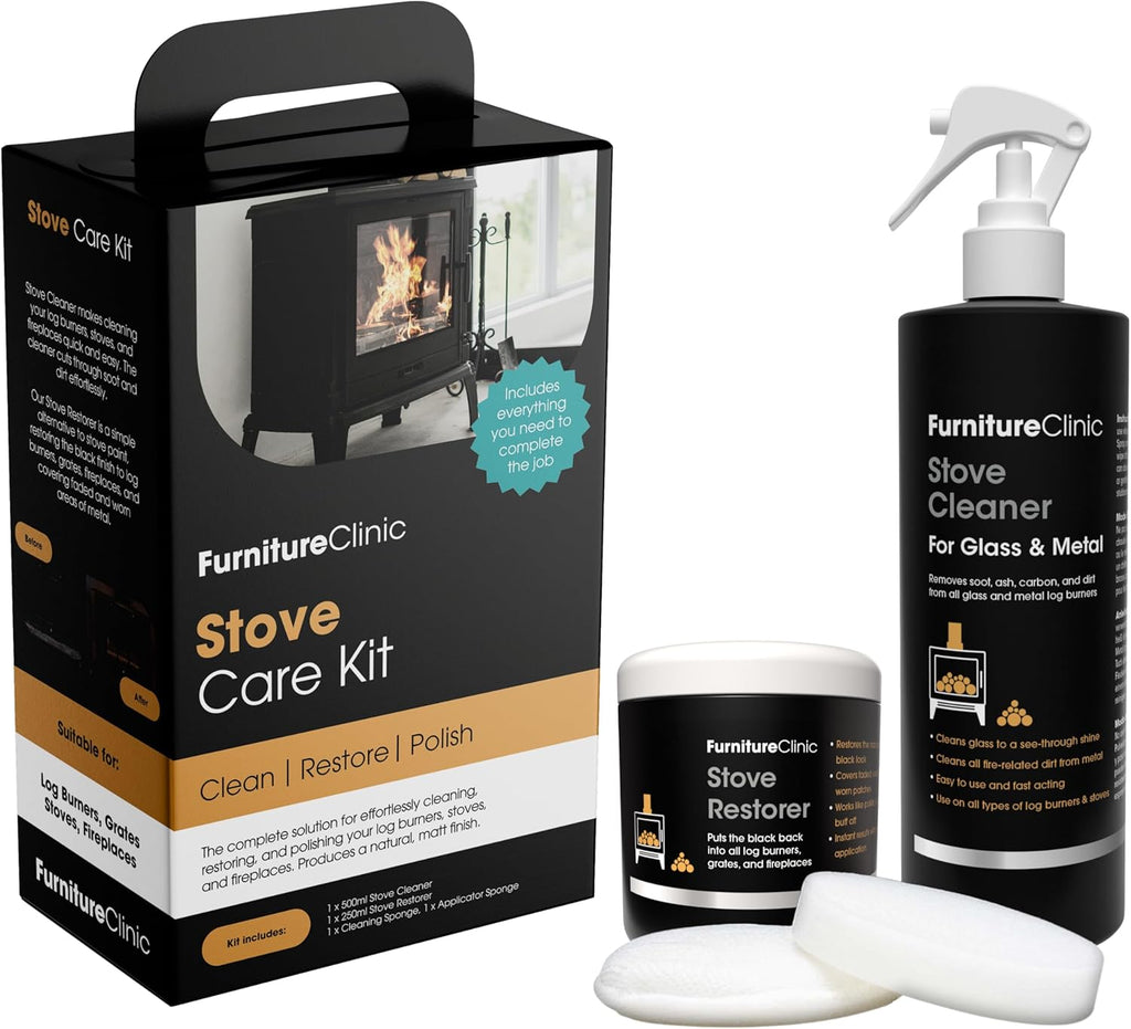 Furniture Clinic Stove Care Kit – Clean & Restore Log Burners, Grates, & Fireplaces | Removes Soot & Dirt | One Bottle Glass & Metal Cleaner + Stove Polish | 500ml / 17 Fl Oz Each Bottle