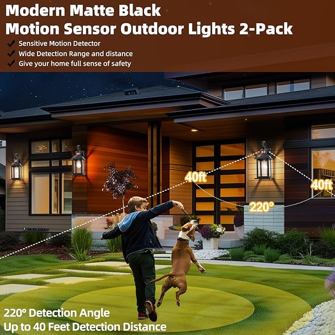 Motion Sensor Porch Lights Dusk to Dawn 16 Inch, 2-Pack Aluminum Anti-Rust Black Large Outdoor Sconces Wall Mounted House Lighting Exterior Coach Lights Patio Light Fixtures, E26