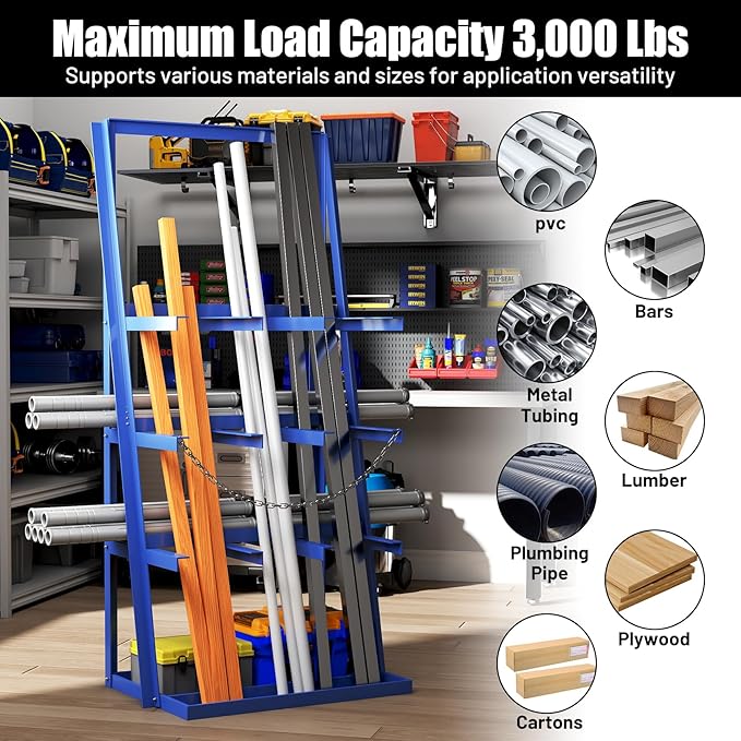 Vertical Bar Rack, 3000 LB Capacity, Steel Bays Long Parts Storage Rack, Lumber and Metal Garage Organizer, Heavy Duty Pipe Organizer Shelf With Chain for Garage Basement Pantry