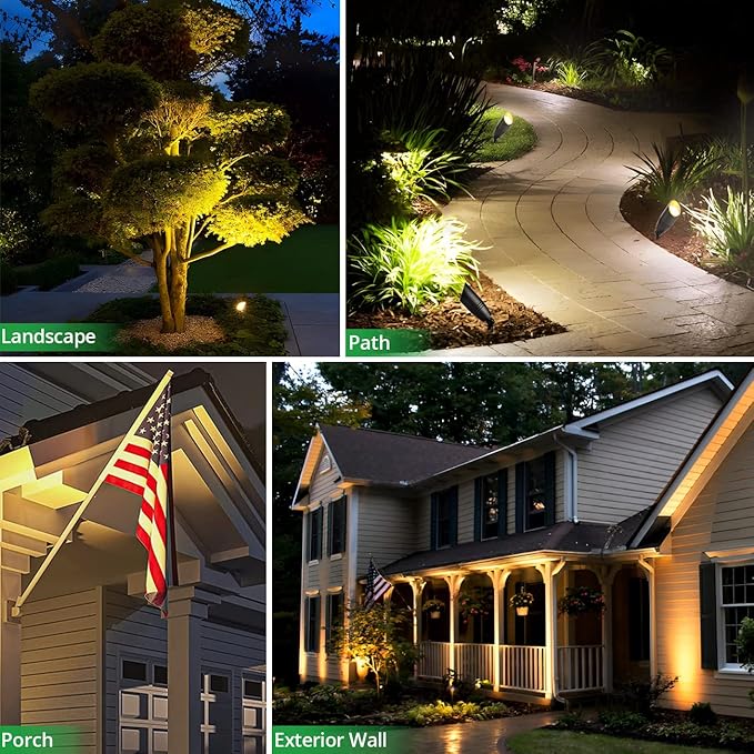 wowlite Low Voltage Spot Lights Outdoor LED 4 Pack, Die-cast Aluminum Landscape Spotlights, Waterproof Black Uplights with MR16 Bulbs Ground Stake for Garden Courtyard Pathway