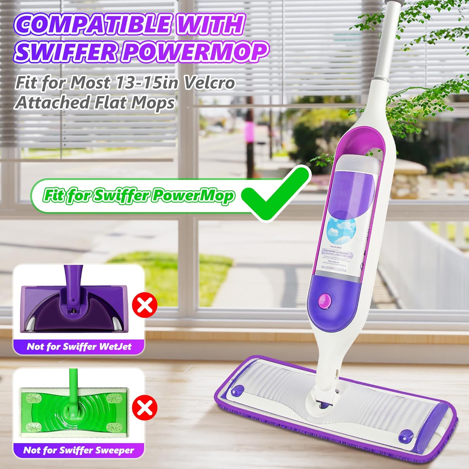 Reusable Pads Compatible with Swiffer PowerMop - SEVENMAX 15" Microfiber Power Mop Refills Pads Spray Mop Replacement Heads Cloths Washable Dry Wet Mopping for Wood Floor Cleaning x8