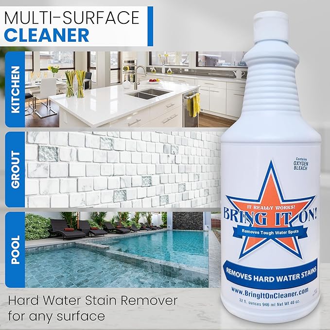BRING IT ON! CLEANER Hard Water Spot Remover Plus 2 Drill Brush Attachments | Clean Tile and Grout | Shower Doors Cleaner | Scrub Off Mold and Mildew With Ease