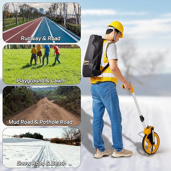 Measuring Wheel With Handle Reset & Brake, Rolling Measuring Wheel in Feet for Construction, Survey, Collapsible Measure Wheel with Tape Measure and Canvas Carrying Bag, 12 Inch, Up to 10,000Ft