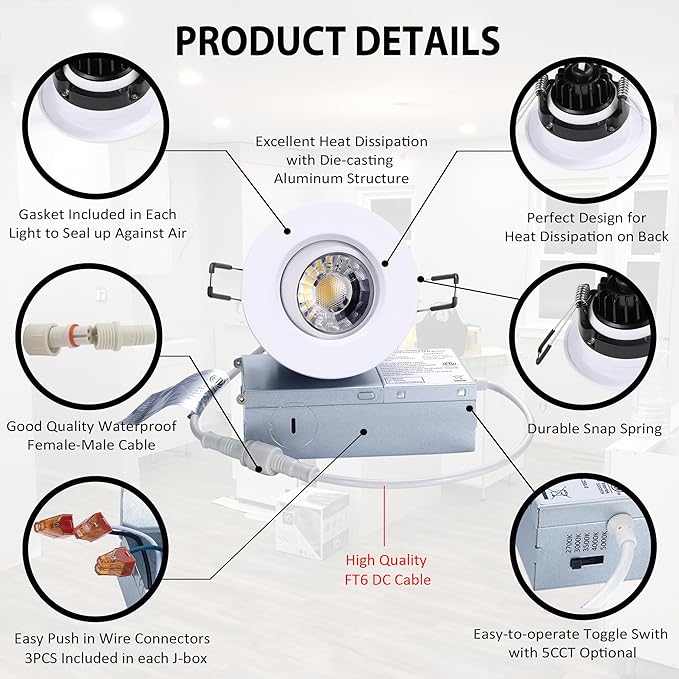 Canless Recessed Gimbal Downlight Rotatable-Spotlight 5 CCT 3 Inch Eyeball Ceilling Potlight, Dimmable Recessed Lights Fixture with Junction Box, 8W CCT Adjustable, White Round Trim, 6 Pack