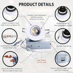 Canless Recessed Gimbal Downlight Rotatable-Spotlight 5 CCT 3 Inch Eyeball Ceilling Potlight, Dimmable Recessed Lights Fixture with Junction Box, 8W CCT Adjustable, White Round Trim, 6 Pack