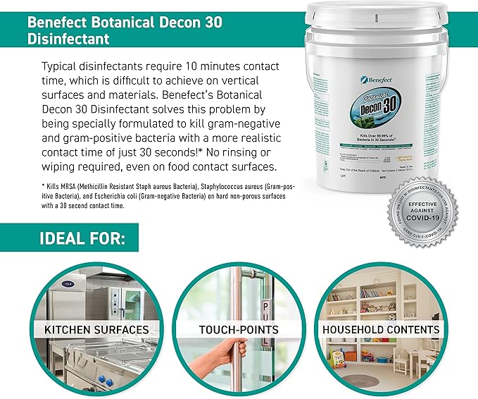 Benefect Botanical Decon 30 Disinfectant Cleaner, 5 Gallon, Light Lemon & Thyme Scent, Hospital Grade Disinfectant, Kills Over 99.99% of Germs, Safe for Food-Contact Surfaces