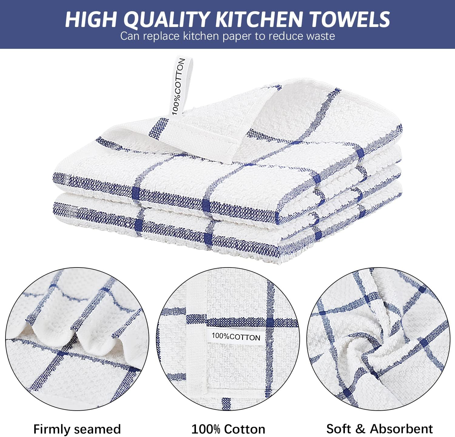 Nialnant 4PCS Cleaning Rags,100% Cotton Terry Dish Rags for Washing Dishes,Quick Drying Dish Cloths,Dish Towels for Kitchen,Navy Blue Plaid-12x12in