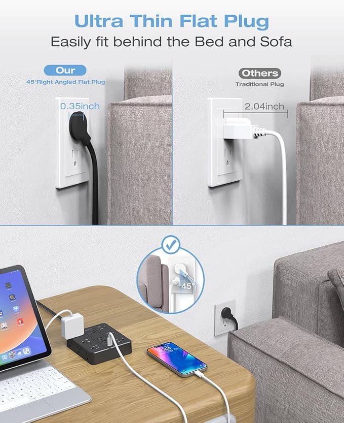 Flat Plug Power Strip, AOFO 5 Ft Extension Cord with 12 Outlets & 6 USB Ports (4 USB-A, 2 USB-C), Surge Protector, Ideal for Home, Office, Dorm, Large Spaces, Reliable and Safe, Black