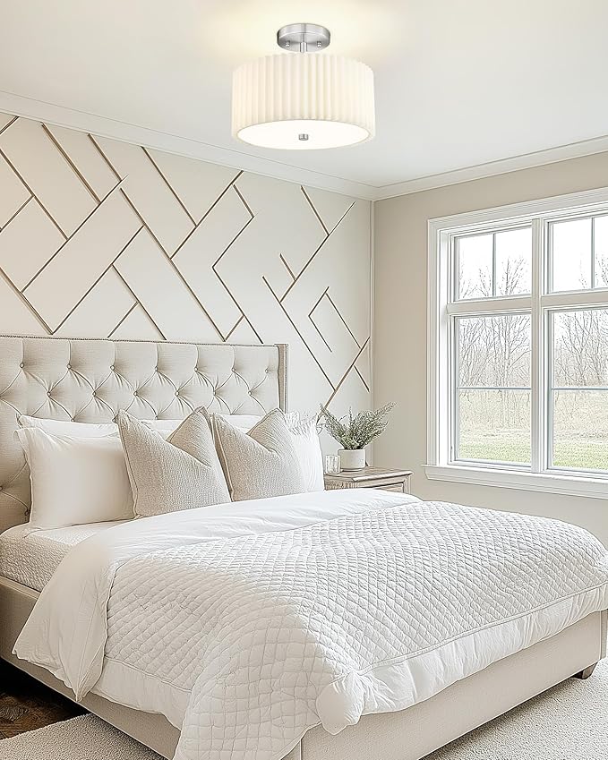 Semi Flush Mount Ceiling Light, 3-Light 12.5" Ceiling Light Fixture with White Pleated Fabric Shade, Brushed Nickel Drum Lamp for Nursery Hallway Bedroom Kitchen, AD-25036-3SF-SN