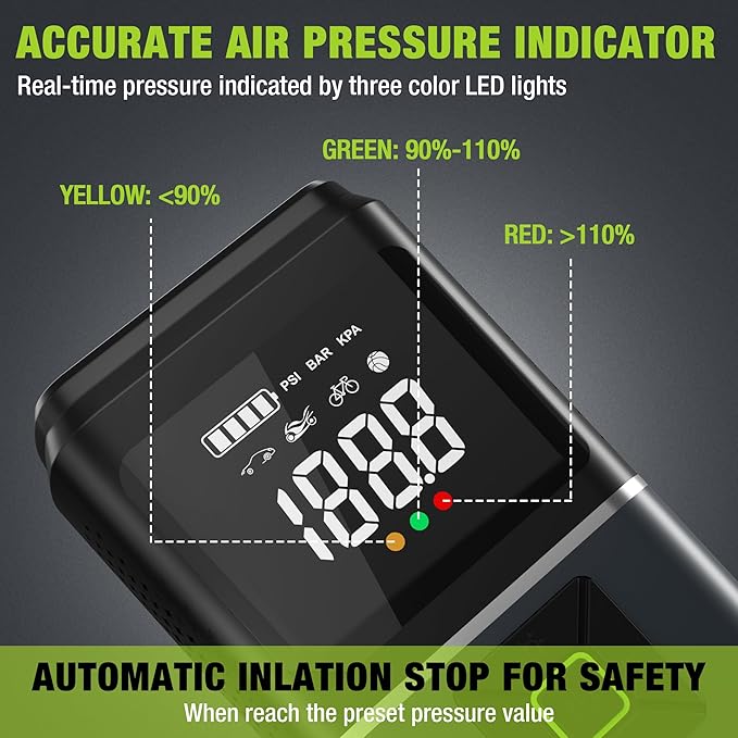 WORKPRO Portable Tire Inflator, 7.2V/12V Small/Mid/Large Air Compressor, Digital Display, Auto Shut-Off, 5 Modes, LED Light, High Airflow, for Car, Motorcycle, Bike, Balls