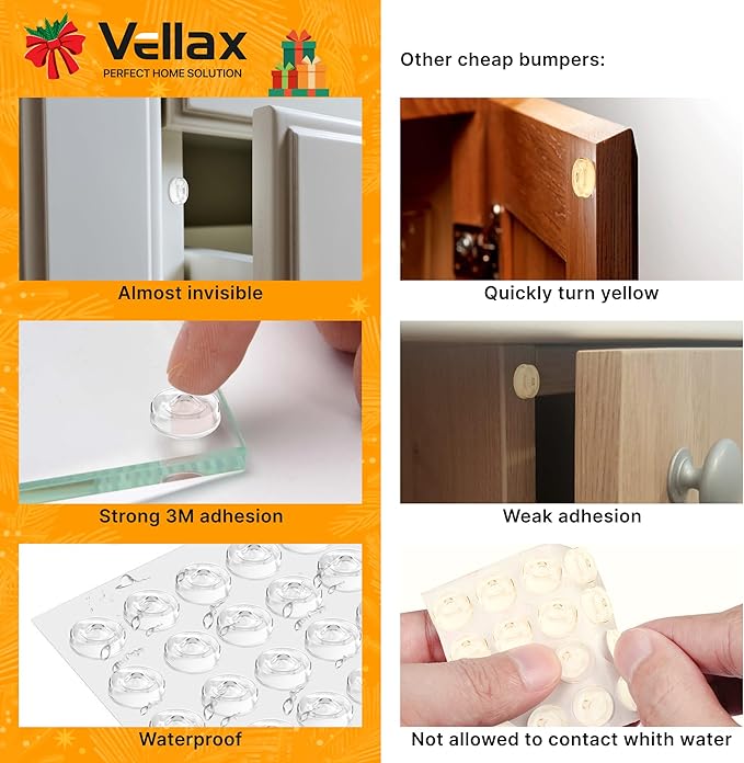 64 Self Adhesive Cabinet Door Bumpers – Sticky Clear Silicone Rubber Pads for Furniture Drawers, Kitchen Cabinets, Decor, Wall Protection – Vellax