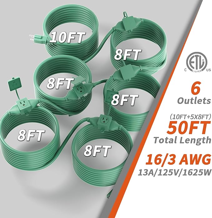 50 FT Green Outdoor Extension Cord with Multiple Outlets, 16/3 Gauge Outdoor Green Extension Cord Evenly Spaced 6 Outlets Plugs Waterproof, 13AMP 1625W 125V 16AWG SJTW, ETL Listed