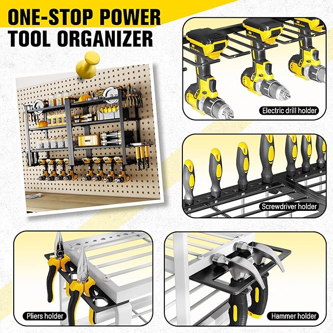 Power Tool Organizer Wall Mount - Storage Rack with 4 Drill Holders for Drills Cordless Tools. Heavy Duty Iron Garage Tool Organizer Storage for Workshop Shed (4 Slots 4 Layers 2 Pack)