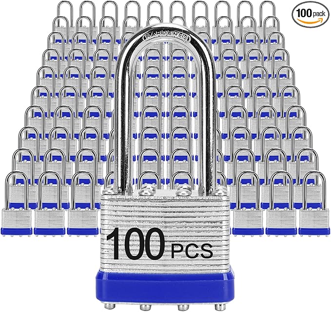 Padlocks with Same Key, LQYN 100 Pcs Laminated Keyed Padlock (1-9/16", 40mm), Keyed Alike Locks, Long Shackle, for Storage Locker, Hasp Latch, Toolbox, Sheds