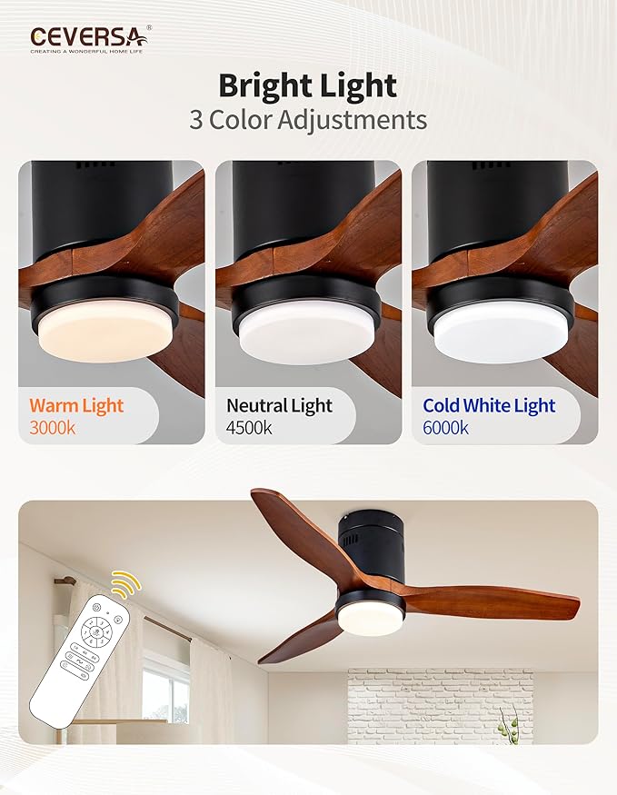 42 Inch Low Profile Ceiling Fans with Lights and Remote, Flush Mount Ceiling Fan with Lights, 3 Blades Solid Wood Dimmable Walnut Easy Installation for Living Room, Bedroom, Farmhouse, Indoor