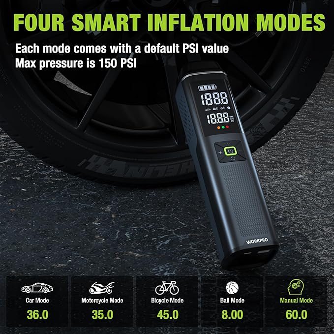 WORKPRO Portable Tire Inflator, 7.2V/12V Small/Mid/Large Air Compressor, Digital Display, Auto Shut-Off, 5 Modes, LED Light, High Airflow, for Car, Motorcycle, Bike, Balls