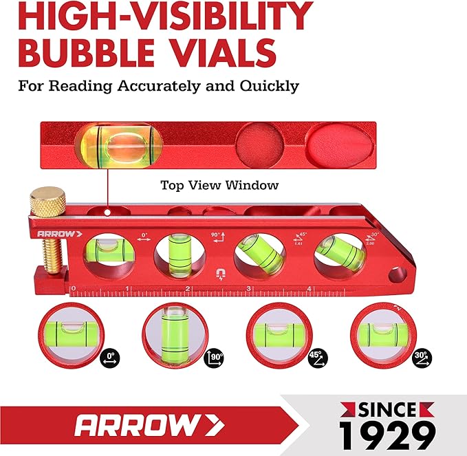 ARROW 6.3-Inch Torpedo Level, Magnetic Leveler with 0°/30°/45°/90° Bubbles, Top-view Windows, Aluminium Alloy Frame, Dual Metric and SAE Scales